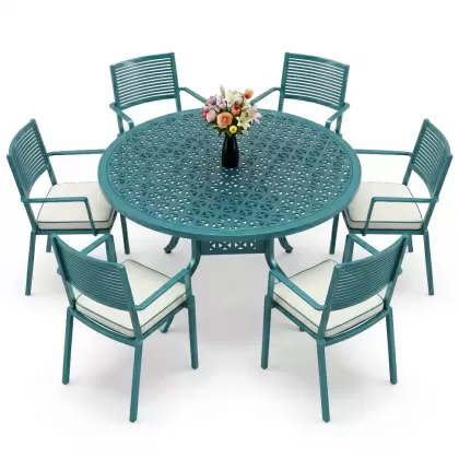 Yuvarlak Masa E:160 x D:160 x Y:74 cm 6 Kişilik modern alüminyum döküm masa ve sandalye takımı turkuaz