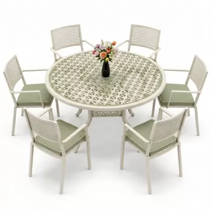 Yuvarlak Masa E:160 x D:160 x Y:74 cm 6 Kişilik modern alüminyum döküm masa ve sandalye takımı beyaz yeşil patina