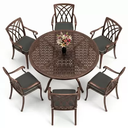 Yuvarlak Masa E:160 x D:160 x Y:74 cm 6 Kişilik kollu modern alüminyum döküm masa ve sandalye takımı bakır eskitme