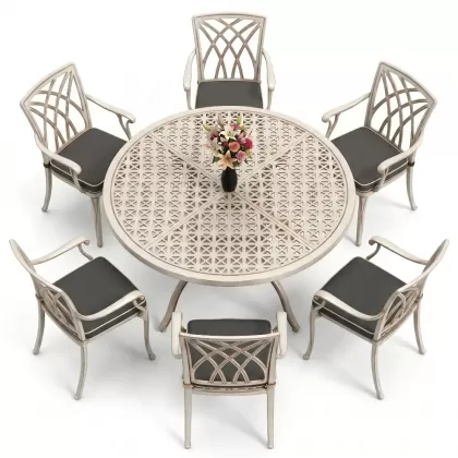 Yuvarlak Masa E:160 x D:160 x Y:74 cm 6 Kişilik kollu modern alüminyum döküm masa ve sandalye takımı beyaz eskitme