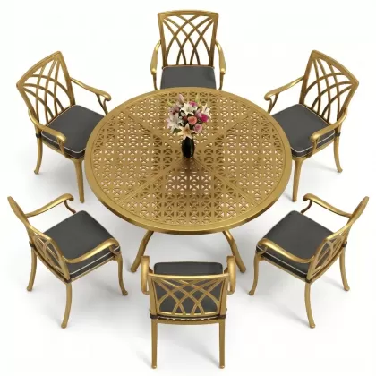 Yuvarlak Masa E:160 x D:160 x Y:74 cm 6 Kişilik kollu modern alüminyum döküm masa ve sandalye takımı gold altın