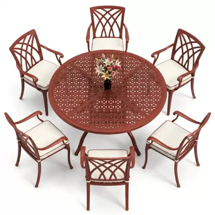 Yuvarlak Masa E:160 x D:160 x Y:74 cm 6 Kişilik kollu modern alüminyum döküm masa ve sandalye takımı kırmızı kiremit