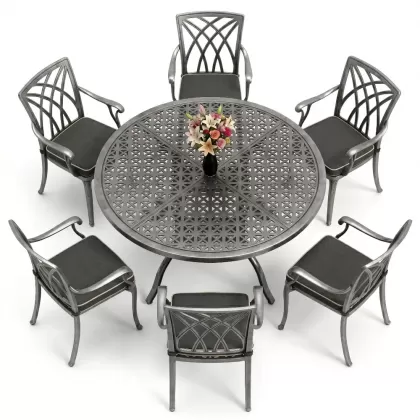 Yuvarlak Masa E:160 x D:160 x Y:74 cm 6 Kişilik kollu modern alüminyum döküm masa ve sandalye takımı gümüş silver