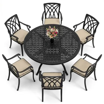 Yuvarlak Masa E:160 x D:160 x Y:74 cm 6 Kişilik kollu modern alüminyum döküm masa ve sandalye takımı siyah