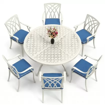 Yuvarlak Masa E:160 x D:160 x Y:74 cm 6 Kişilik kollu modern alüminyum döküm masa ve sandalye takımı beyaz