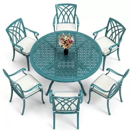 Yuvarlak Masa E:160 x D:160 x Y:74 cm 6 Kişilik kollu modern alüminyum döküm masa ve sandalye takımı turkuaz