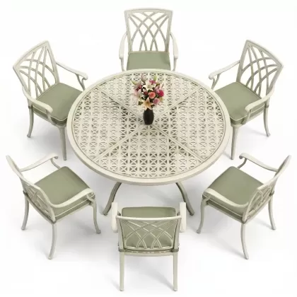 Yuvarlak Masa E:160 x D:160 x Y:74 cm 6 Kişilik kollu modern alüminyum döküm masa ve sandalye takımı yeşil patina