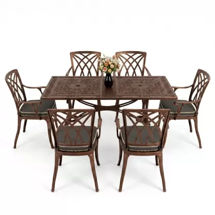 Dikdörtgen Masa E:70 x D:140 x Y:72 cm 6 Kişilik modern kollu alüminyum döküm masa ve sandalye takımı bakır eskitme