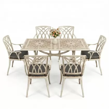 Dikdörtgen Masa E:70 x D:140 x Y:72 cm 6 Kişilik modern kollu alüminyum döküm masa ve sandalye takımı beyaz eskitme