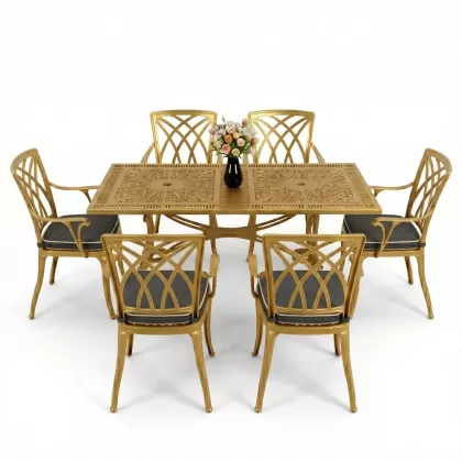 Dikdörtgen Masa E:70 x D:140 x Y:72 cm 6 Kişilik modern kollu alüminyum döküm masa ve sandalye takımı gold altın