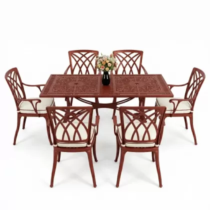 Dikdörtgen Masa E:70 x D:140 x Y:72 cm 6 Kişilik modern kollu alüminyum döküm masa ve sandalye takımı kiremit kırmızı