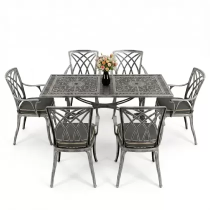 Dikdörtgen Masa E:70 x D:140 x Y:72 cm 6 Kişilik modern kollu alüminyum döküm masa ve sandalye takımı gümüş silver