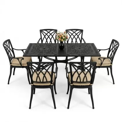 Dikdörtgen Masa E:70 x D:140 x Y:72 cm 6 Kişilik modern kollu alüminyum döküm masa ve sandalye takımı siyah