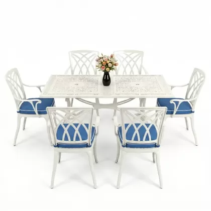Dikdörtgen Masa E:70 x D:140 x Y:72 cm 6 Kişilik modern kollu alüminyum döküm masa ve sandalye takımı beyaz