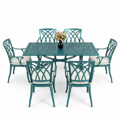 Dikdörtgen Masa E:70 x D:140 x Y:72 cm 6 Kişilik modern kollu alüminyum döküm masa ve sandalye takımı turkuaz