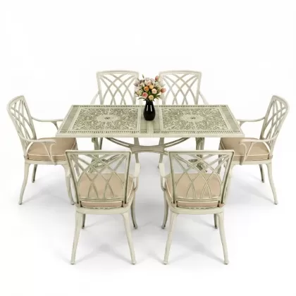 Dikdörtgen Masa E:70 x D:140 x Y:72 cm 6 Kişilik modern kollu alüminyum döküm masa ve sandalye takımı yeşil patina