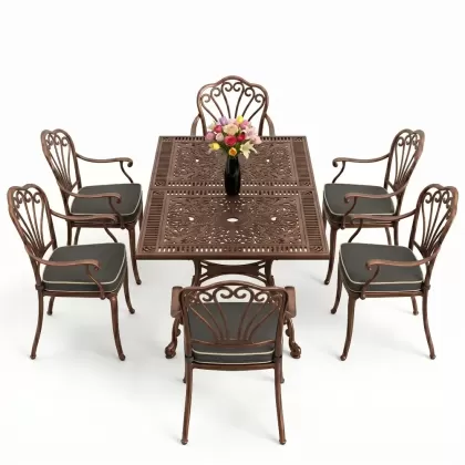 Dikdörtgen Masa E:70 x D:140 x Y:72 cm 6 Kişilik kollu tavuskuşu motif alüminyum döküm masa ve sandalye takımı bakır eskitme