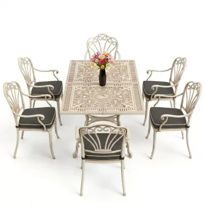 Dikdörtgen Masa E:70 x D:140 x Y:72 cm 6 Kişilik kollu tavuskuşu motif alüminyum döküm masa ve sandalye takımı beyaz eskitme