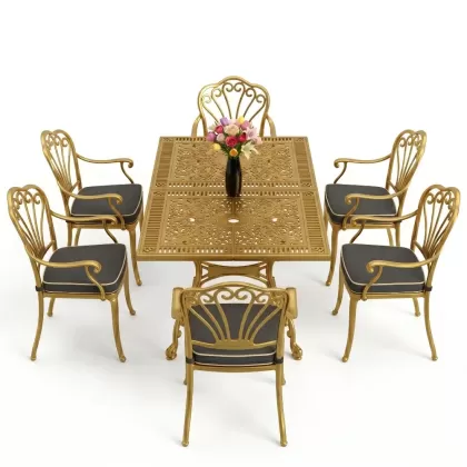 Dikdörtgen Masa E:70 x D:140 x Y:72 cm 6 Kişilik kollu tavuskuşu motif alüminyum döküm masa ve sandalye takımı gold altın