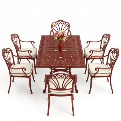 Dikdörtgen Masa E:70 x D:140 x Y:72 cm 6 Kişilik kollu tavuskuşu motif alüminyum döküm masa ve sandalye takımı kırmızı kiremit