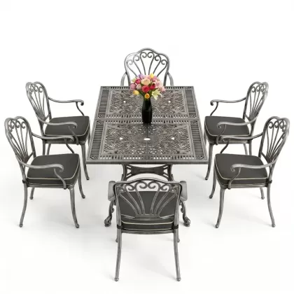 Dikdörtgen Masa E:70 x D:140 x Y:72 cm 6 Kişilik kollu tavuskuşu motif alüminyum döküm masa ve sandalye takımı silver gümüş