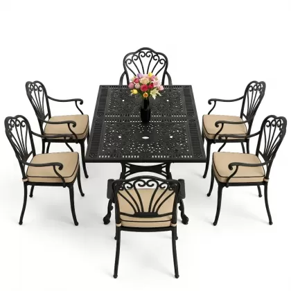 Dikdörtgen Masa E:70 x D:140 x Y:72 cm 6 Kişilik kollu tavuskuşu motif alüminyum döküm masa ve sandalye takımı siyah