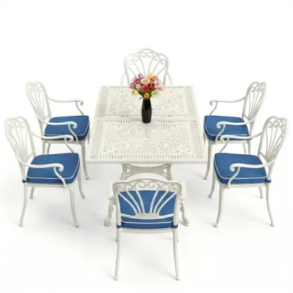 Dikdörtgen Masa E:70 x D:140 x Y:72 cm 6 Kişilik kollu tavuskuşu motif alüminyum döküm masa ve sandalye takımı beyaz
