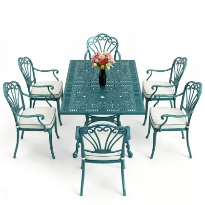 Dikdörtgen Masa E:70 x D:140 x Y:72 cm 6 Kişilik kollu tavuskuşu motif alüminyum döküm masa ve sandalye takımı turkuaz