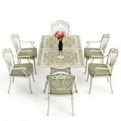 Dikdörtgen Masa E:70 x D:140 x Y:72 cm 6 Kişilik kollu tavuskuşu motif alüminyum döküm masa ve sandalye takımı yeşil patina