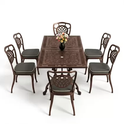 Dikdörtgen Masa E:70 x D:140 x Y:72 cm 6 Kişilik kolsuz ay motifli alüminyum döküm masa ve sandalye takımı bakır eskitme