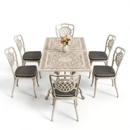 Dikdörtgen Masa E:70 x D:140 x Y:72 cm 6 Kişilik kolsuz ay motifli alüminyum döküm masa ve sandalye takımı beyaz eskitme