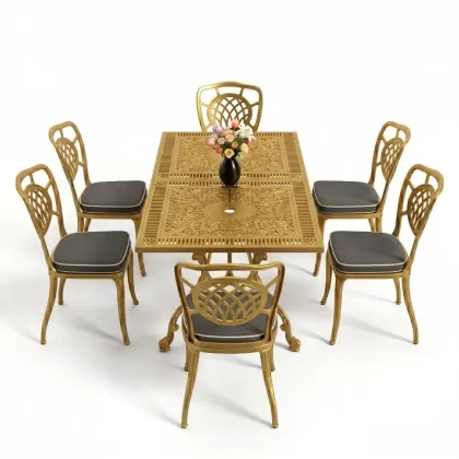 Dikdörtgen Masa E:70 x D:140 x Y:72 cm 6 Kişilik kolsuz ay motifli alüminyum döküm masa ve sandalye takımı gold altın