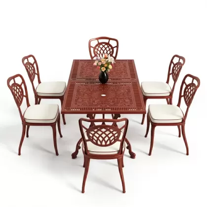 Dikdörtgen Masa E:70 x D:140 x Y:72 cm 6 Kişilik kolsuz ay motifli alüminyum döküm masa ve sandalye takımı kiremit kırmızı