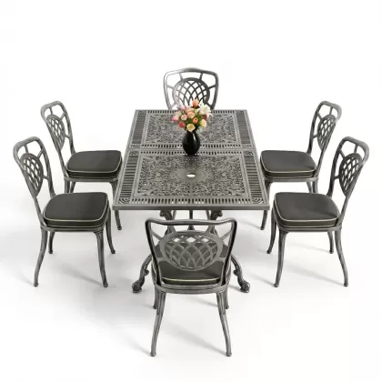 Dikdörtgen Masa E:70 x D:140 x Y:72 cm 6 Kişilik kolsuz ay motifli alüminyum döküm masa ve sandalye takımı silver gümüş