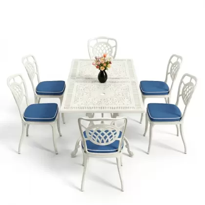 Dikdörtgen Masa E:70 x D:140 x Y:72 cm 6 Kişilik kolsuz ay motifli alüminyum döküm masa ve sandalye takımı beyaz