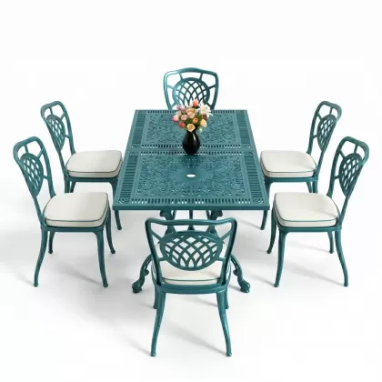 Dikdörtgen Masa E:70 x D:140 x Y:72 cm 6 Kişilik kolsuz ay motifli alüminyum döküm masa ve sandalye takımı turkuaz