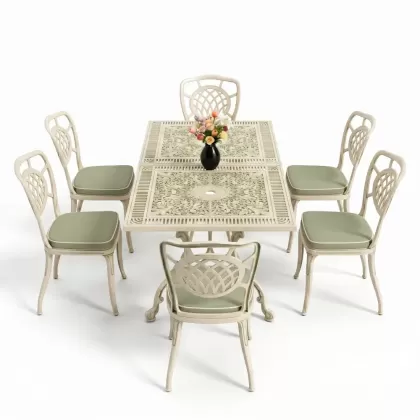 Dikdörtgen Masa E:70 x D:140 x Y:72 cm 6 Kişilik kolsuz ay motifli alüminyum döküm masa ve sandalye takımı yeşil patina