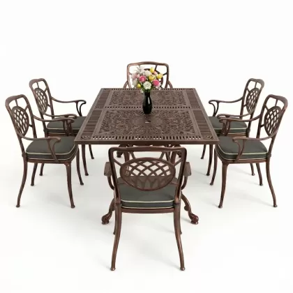 Dikdörtgen Masa E:70 x D:140 x Y:72 cm 6 Kişilik kollu ay motifli alüminyum döküm masa ve sandalye takımı bakır eskitme