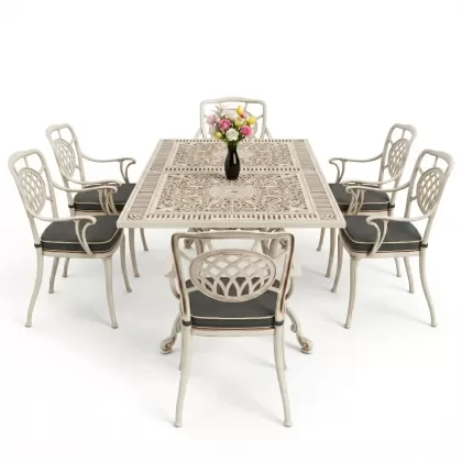 Dikdörtgen Masa E:70 x D:140 x Y:72 cm 6 Kişilik kollu ay motifli alüminyum döküm masa ve sandalye takımı beyaz eskitme