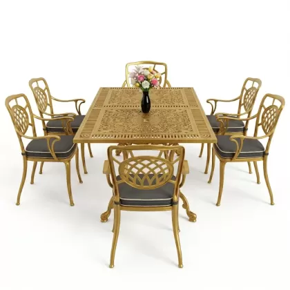 Dikdörtgen Masa E:70 x D:140 x Y:72 cm 6 Kişilik kollu ay motifli alüminyum döküm masa ve sandalye takımı gold altın