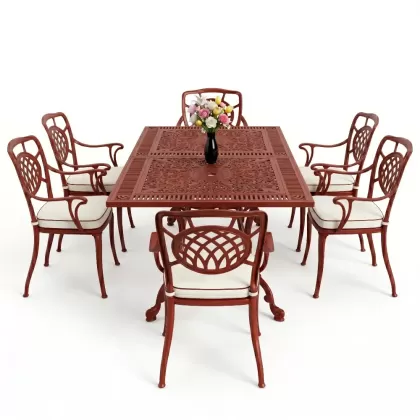 Dikdörtgen Masa E:70 x D:140 x Y:72 cm 6 Kişilik kollu ay motifli alüminyum döküm masa ve sandalye takımı kırmızı kiremit