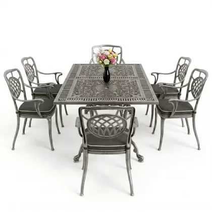 Dikdörtgen Masa E:70 x D:140 x Y:72 cm 6 Kişilik kollu ay motifli alüminyum döküm masa ve sandalye takımı silver gümüş