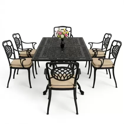 Dikdörtgen Masa E:70 x D:140 x Y:72 cm 6 Kişilik kollu ay motifli alüminyum döküm masa ve sandalye takımı siyah