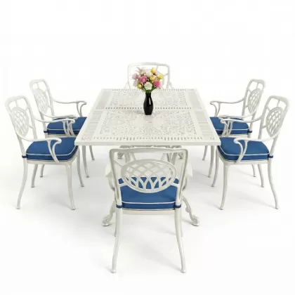 Dikdörtgen Masa E:70 x D:140 x Y:72 cm 6 Kişilik kollu ay motifli alüminyum döküm masa ve sandalye takımı beyaz