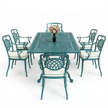 Dikdörtgen Masa E:70 x D:140 x Y:72 cm 6 Kişilik kollu ay motifli alüminyum döküm masa ve sandalye takımı turkuaz