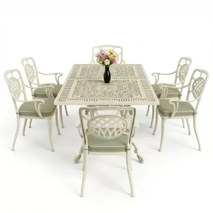 Dikdörtgen Masa E:70 x D:140 x Y:72 cm 6 Kişilik kollu ay motifli alüminyum döküm masa ve sandalye takımı yeşil patina