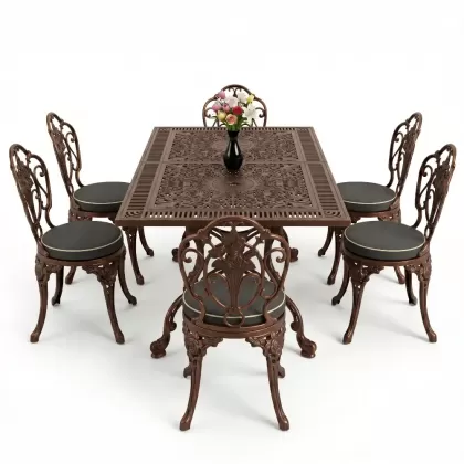 Dikdörtgen Masa E:70 x D:140 x Y:72 cm 6 Kişilik kolsuz güllü motif alüminyum döküm masa ve sandalye takımı bakır eskitme