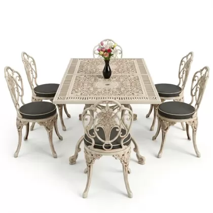 Dikdörtgen Masa E:70 x D:140 x Y:72 cm 6 Kişilik kolsuz güllü motif alüminyum döküm masa ve sandalye takımı beyaz eskitme
