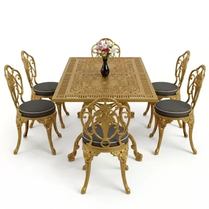 Dikdörtgen Masa E:70 x D:140 x Y:72 cm 6 Kişilik kolsuz güllü motif alüminyum döküm masa ve sandalye takımı gold altın
