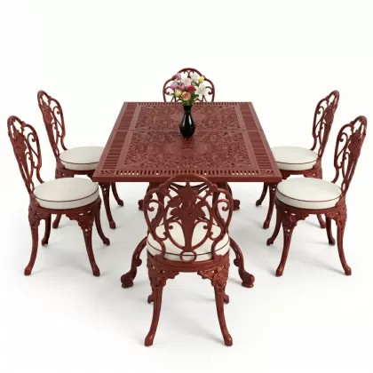 Dikdörtgen Masa E:70 x D:140 x Y:72 cm 6 Kişilik kolsuz güllü motif alüminyum döküm masa ve sandalye takımı kırmızı kiremit